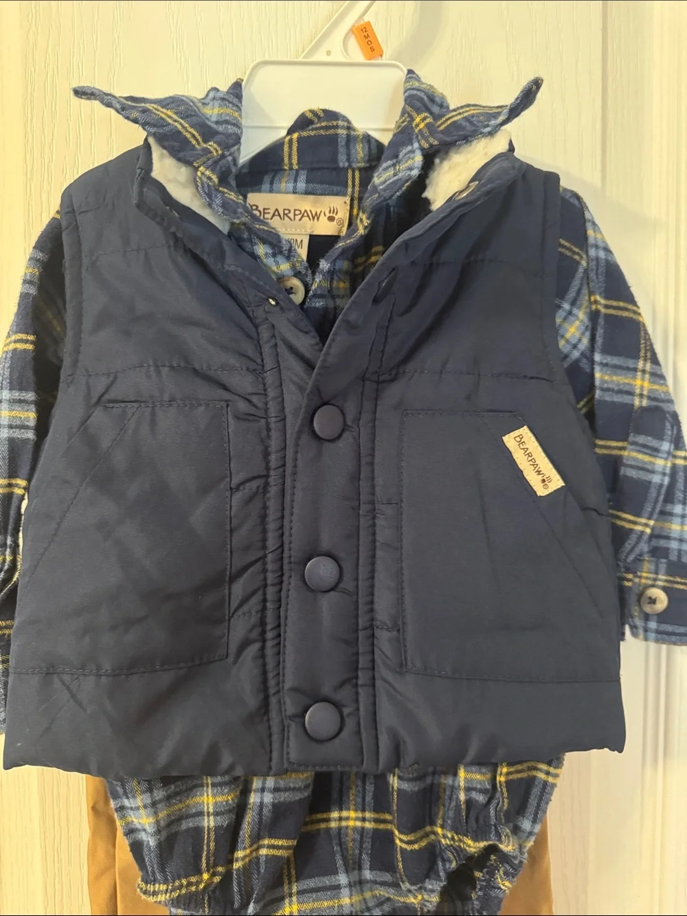 Bearpaw Baby Boys 3 Piece Plaid Vest Outfit Set 6-9M